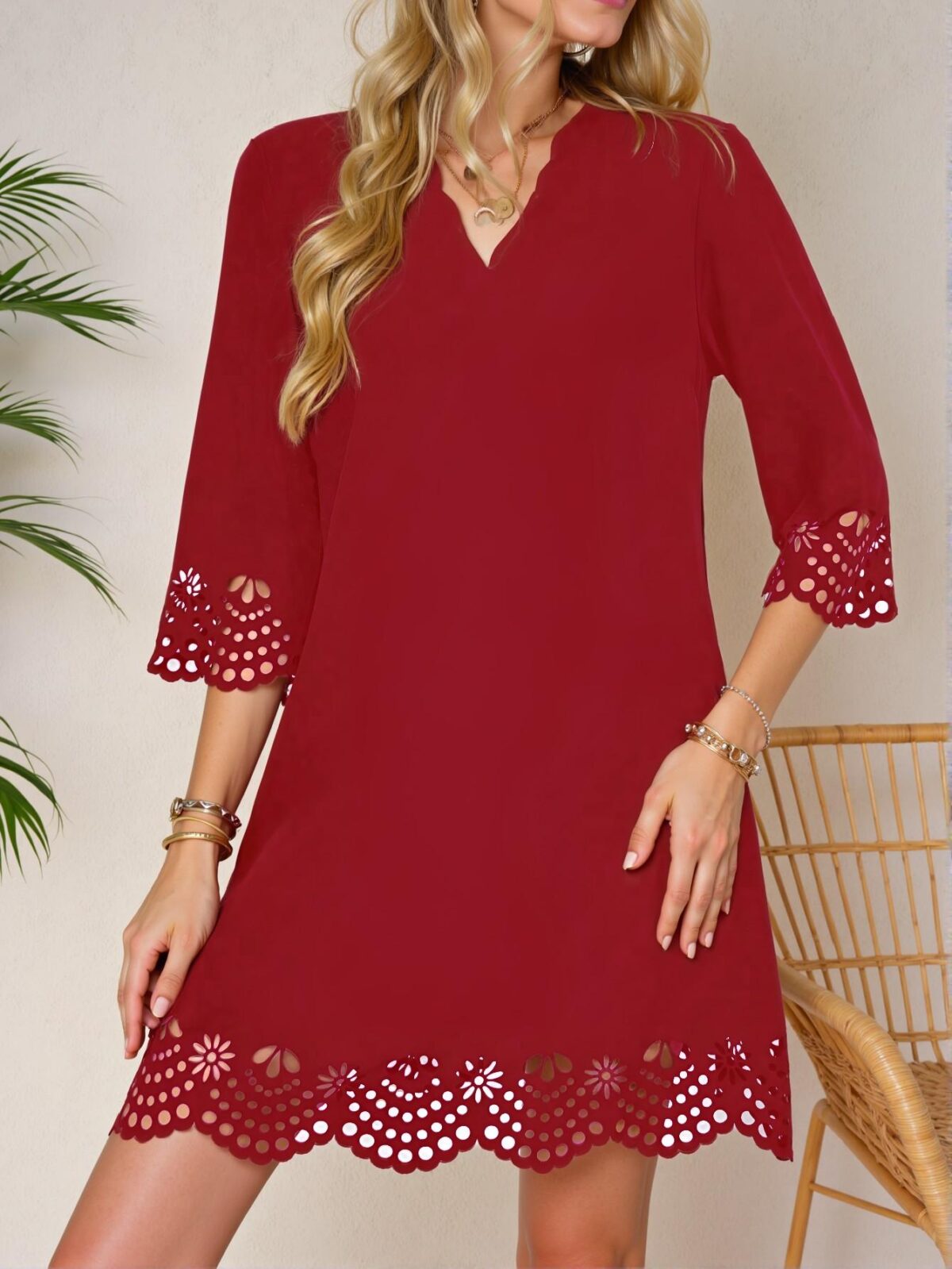 Elegant Burgundy Casual Scalloped Edge Hollow Out Dress for Spring and Summer - Chic, Classy and Trendy Fashion Style to Dress to Impress - Image 5