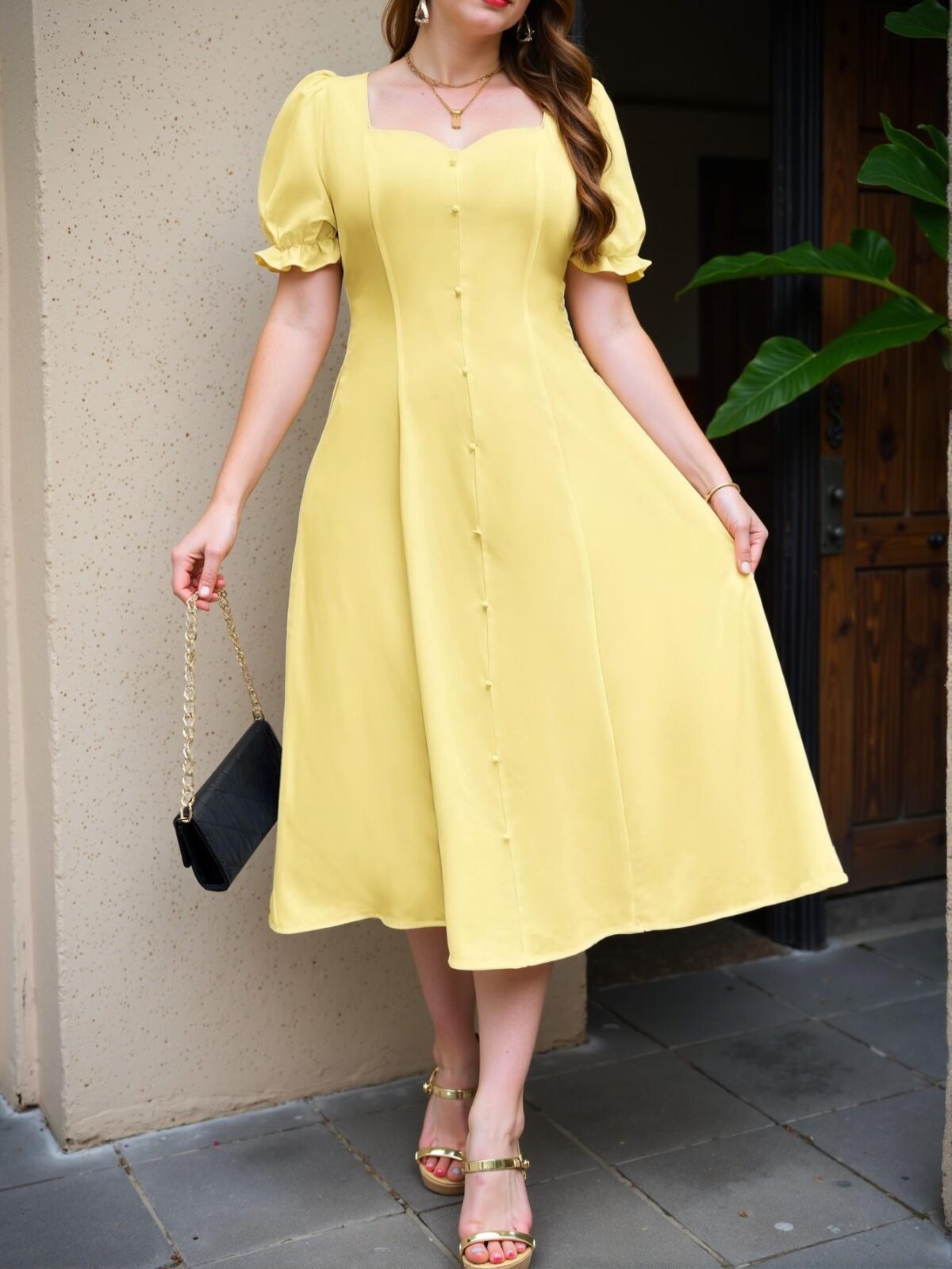Elegant Yellow Sophisticated Minimalist A-Line Midi Dress with Puff Sleeves for Spring and Summer - Chic, Classy and Trendy Fashion Style to Dress to Impress - Image 4