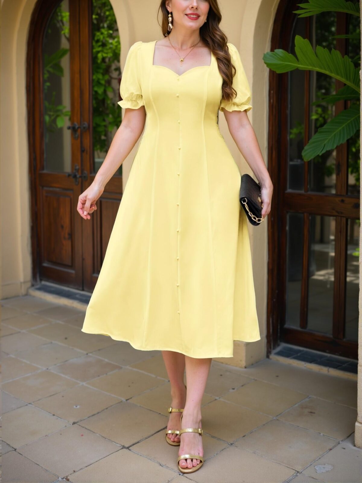 Elegant Yellow Sophisticated Minimalist A-Line Midi Dress with Puff Sleeves for Spring and Summer - Chic, Classy and Trendy Fashion Style to Dress to Impress - Image 5
