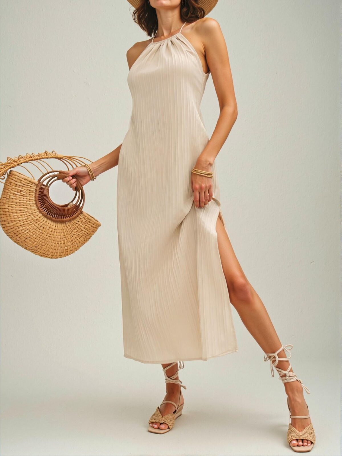 Elegant Apricot Backless Summer Beach Dress with High Slit and Halter Neck Detail - Chic, Classy and Trendy Fashion Style to Dress to Impress - Image 3