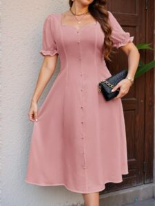 Elegant Dusty Pink Timeless A-Line Puff Sleeve Midi Dress for Spring and Summer Chic, Classy and Trendy Fashion Style to Dress to Impress