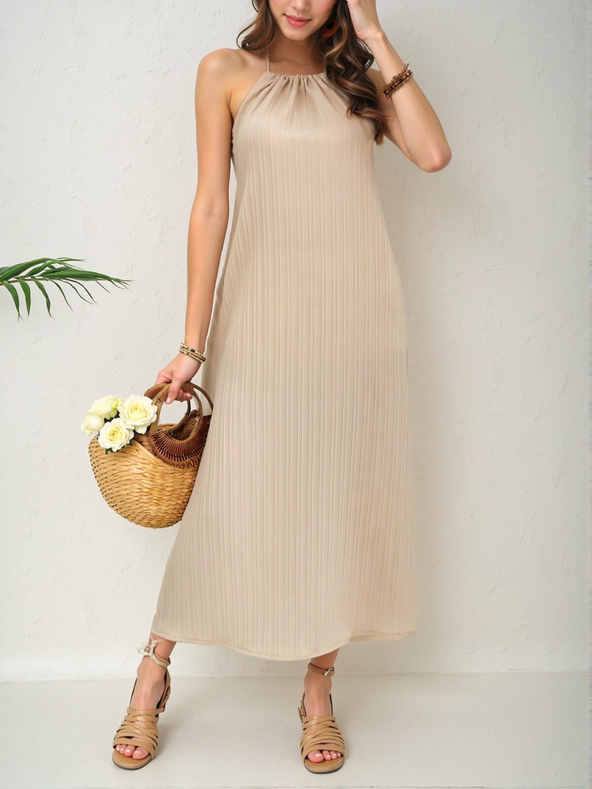 Elegant Apricot Backless Summer Beach Dress with High Slit and Halter Neck Detail - Chic, Classy and Trendy Fashion Style to Dress to Impress - Image 4