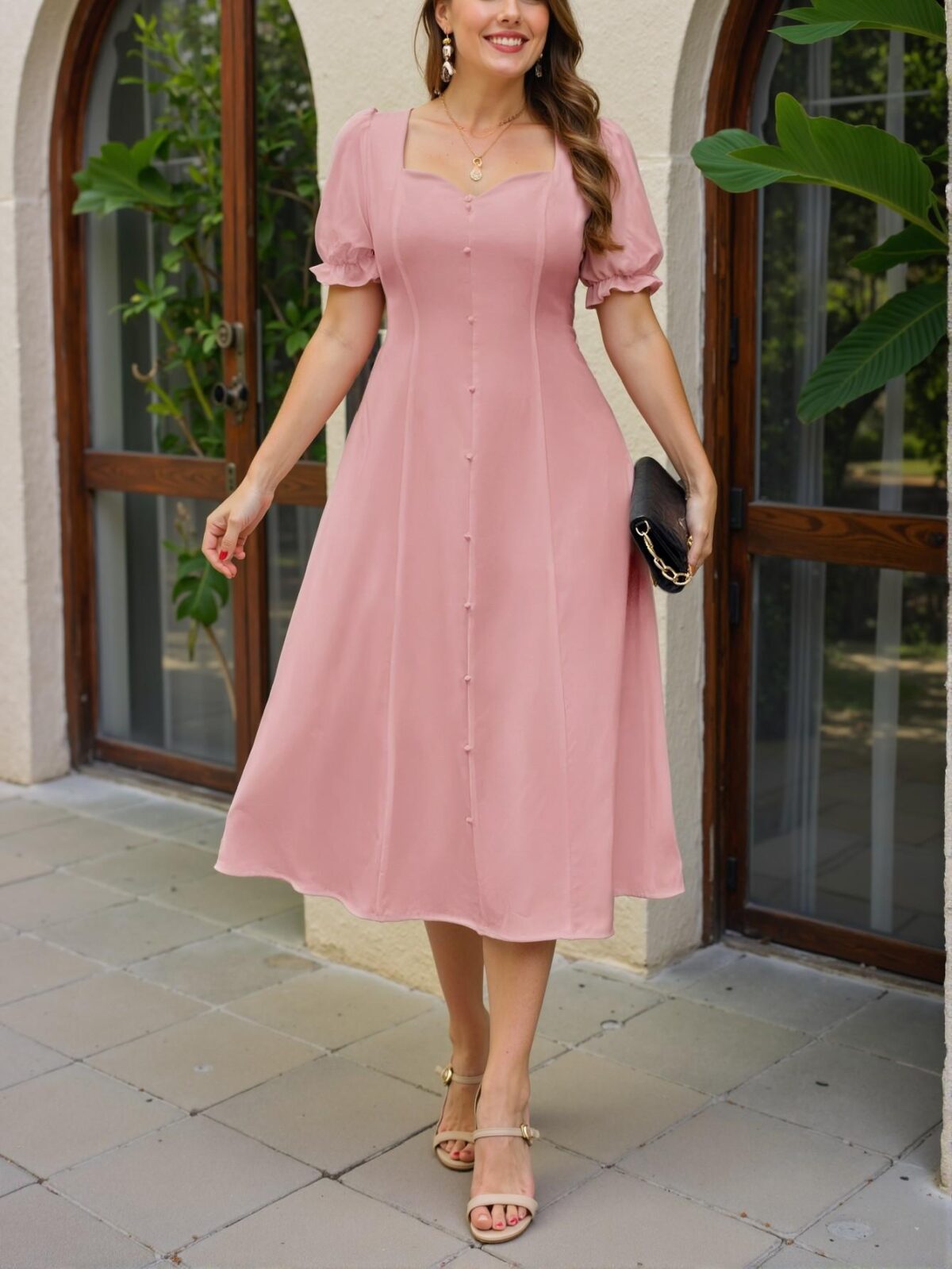 Elegant Dusty Pink Timeless A-Line Puff Sleeve Midi Dress for Spring and Summer Chic, Classy and Trendy Fashion Style to Dress to Impress - Image 4