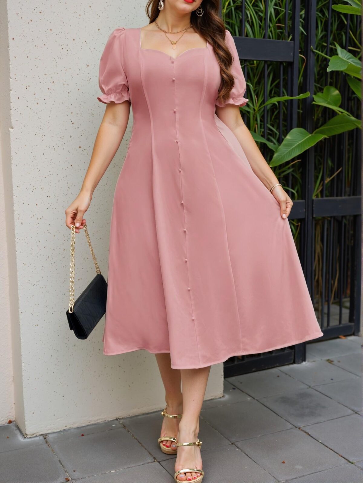 Elegant Dusty Pink Timeless A-Line Puff Sleeve Midi Dress for Spring and Summer Chic, Classy and Trendy Fashion Style to Dress to Impress - Image 5