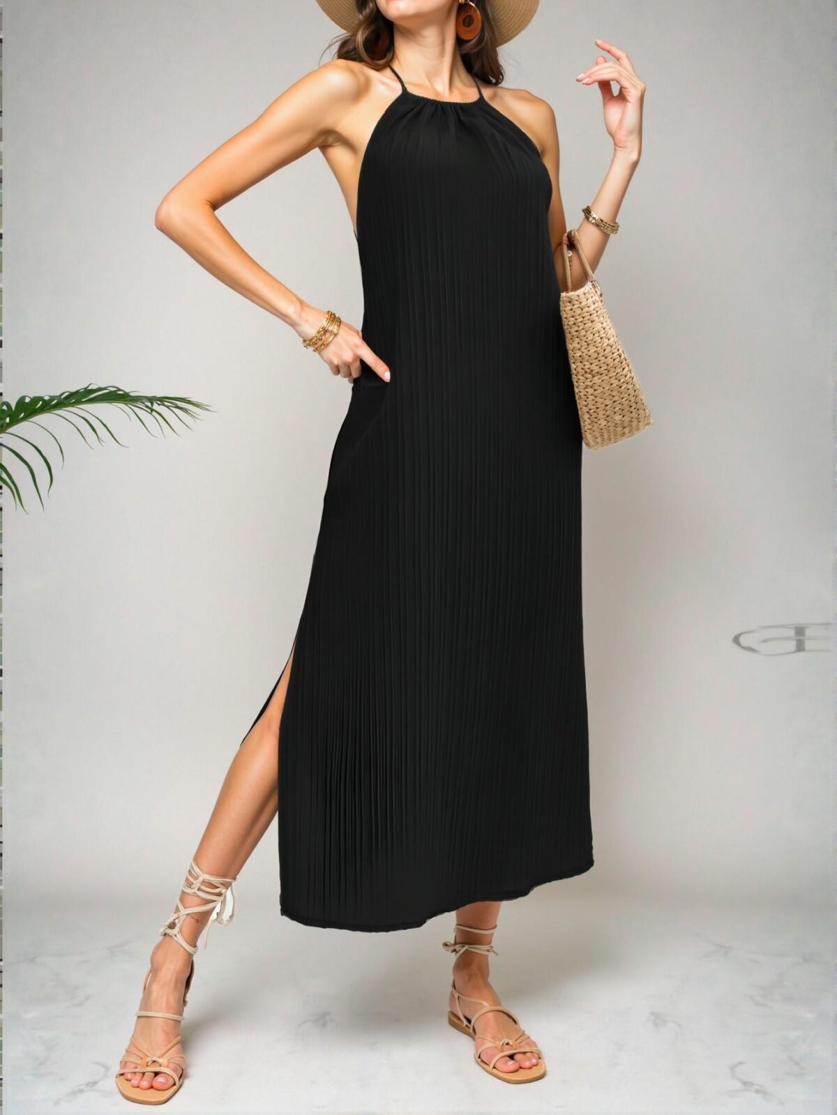 Elegant Black Backless Maxi Dress with High Slit and Tie Straps for Summer Beach Vacations - Chic, Classy and Trendy Fashion Style to Dress to Impress - Image 2