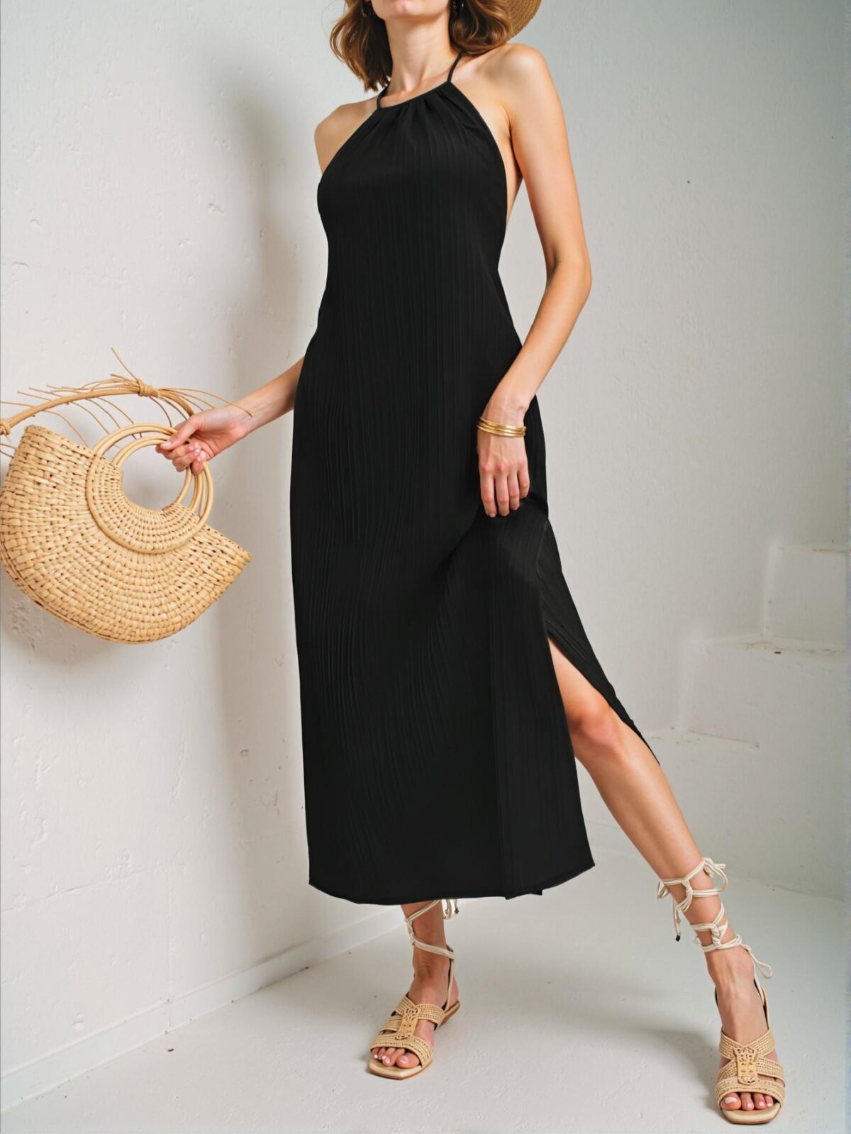 Elegant Black Backless Maxi Dress with High Slit and Tie Straps for Summer Beach Vacations - Chic, Classy and Trendy Fashion Style to Dress to Impress - Image 3