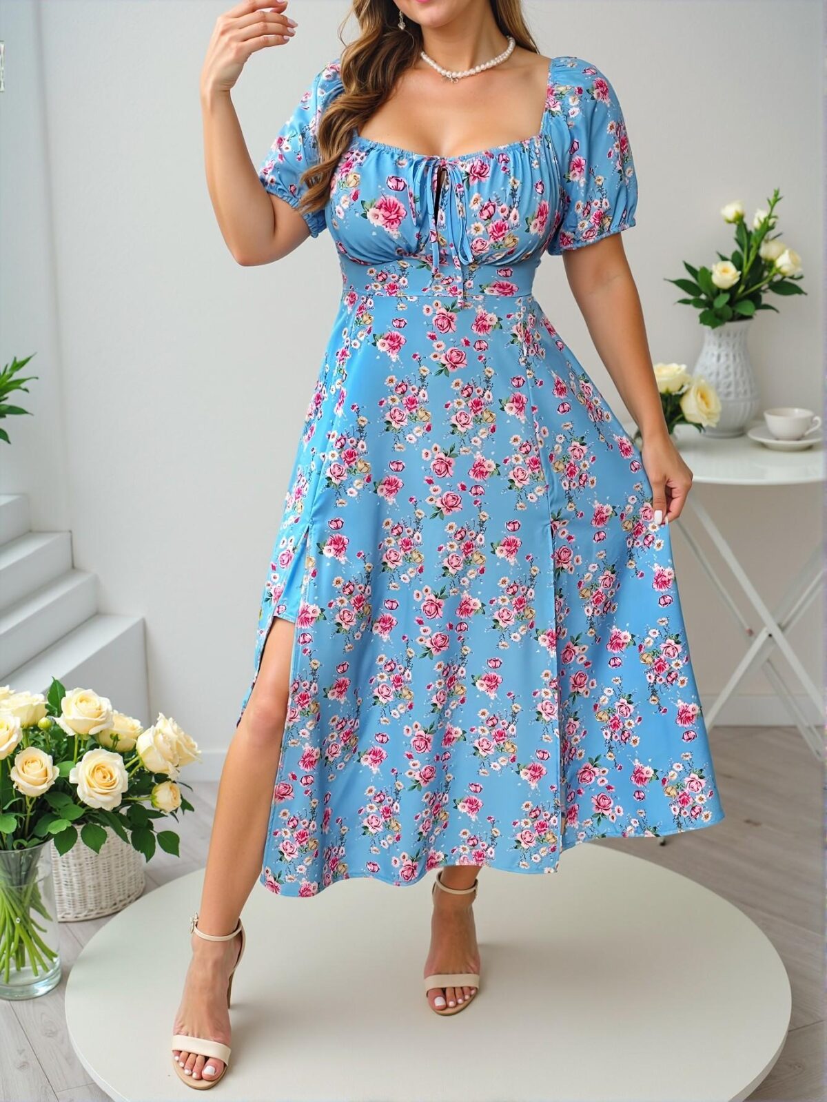 Elegant Blue Floral Print Pleated Front Tie Elegant Split Dress for Spring and Summer - Chic, Classy and Trendy Fashion Style to Dress to Impress