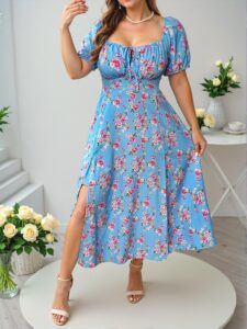 Elegant Blue Floral Print Pleated Front Tie Elegant Split Dress for Spring and Summer - Chic, Classy and Trendy Fashion Style to Dress to Impress