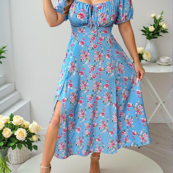 Elegant Blue Floral Print Pleated Front Tie Elegant Split Dress for Spring and Summer - Chic, Classy and Trendy Fashion Style to Dress to Impress