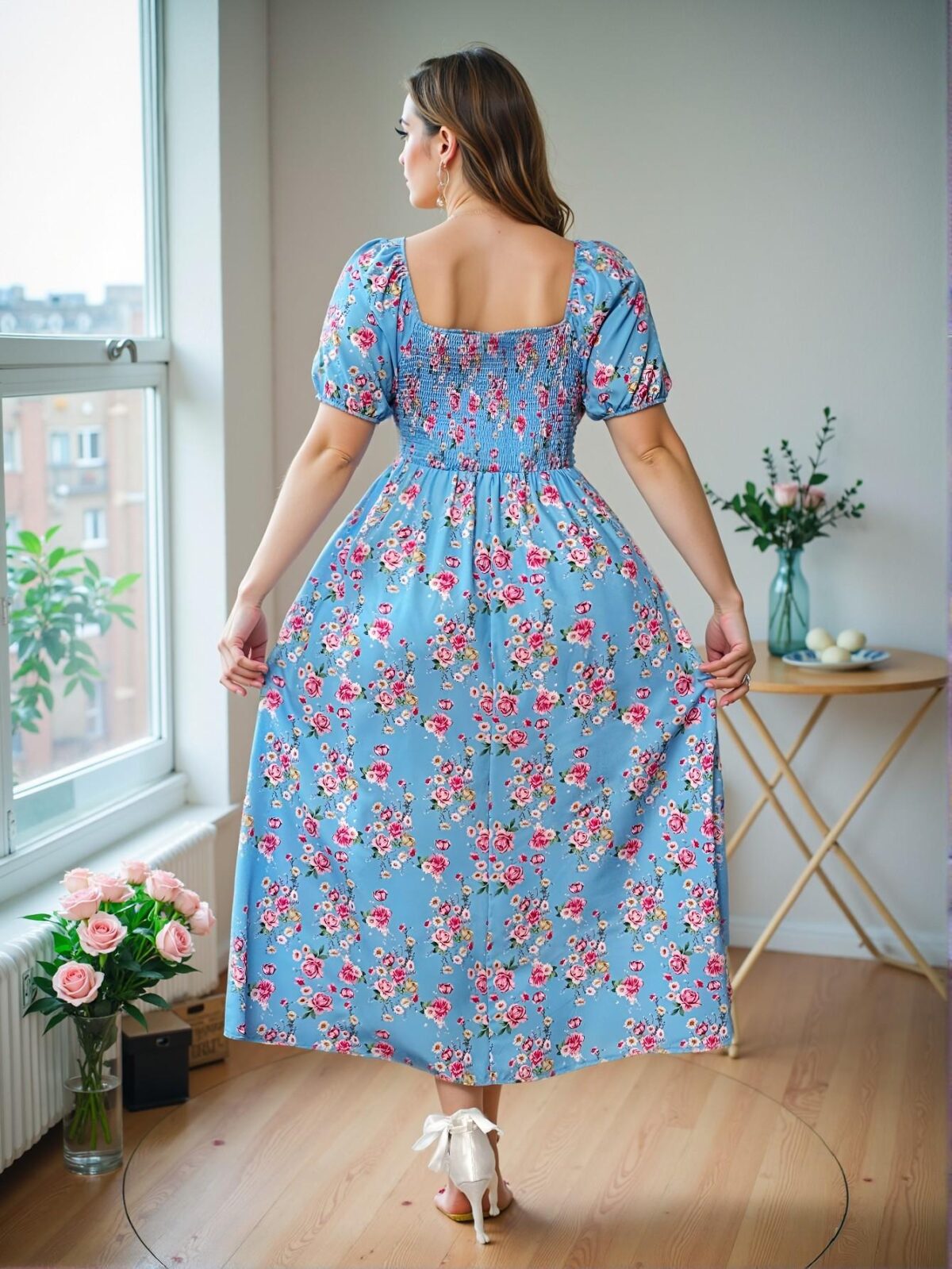 Elegant Blue Floral Print Pleated Front Tie Elegant Split Dress for Spring and Summer - Chic, Classy and Trendy Fashion Style to Dress to Impress - Image 2