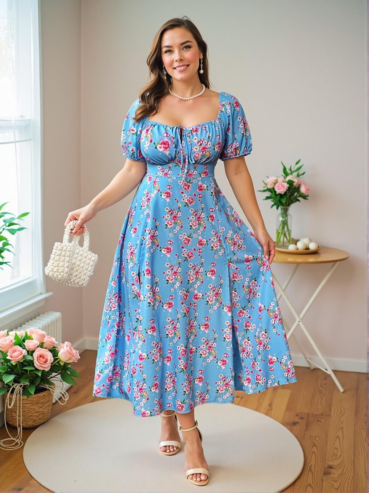 Elegant Blue Floral Print Pleated Front Tie Elegant Split Dress for Spring and Summer - Chic, Classy and Trendy Fashion Style to Dress to Impress - Image 3