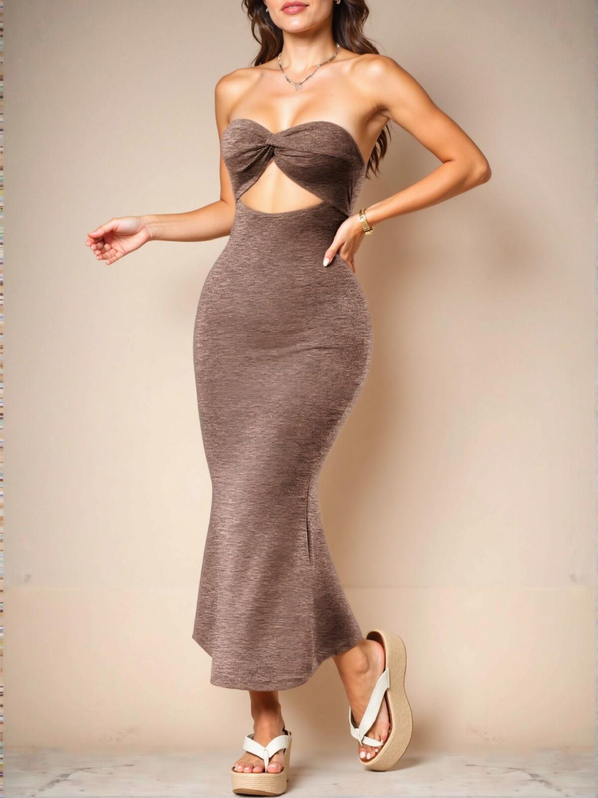 Elegant Coffee Twisted Front, Hollow Out Design Tube Dress with Mermaid Tail Hemline for Spring and Summer "Chic, Classy and Trendy Fashion Style to Dress to Impress" - Image 4