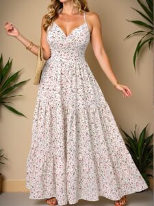 Elegant White Flattering Ditsy Floral Plus Size Cami Dress with V-Neck and Strappy Sleeves Perfect for Spring and Summer Getaways - Chic, Classy and Trendy Fashion Style to Dress to Impress