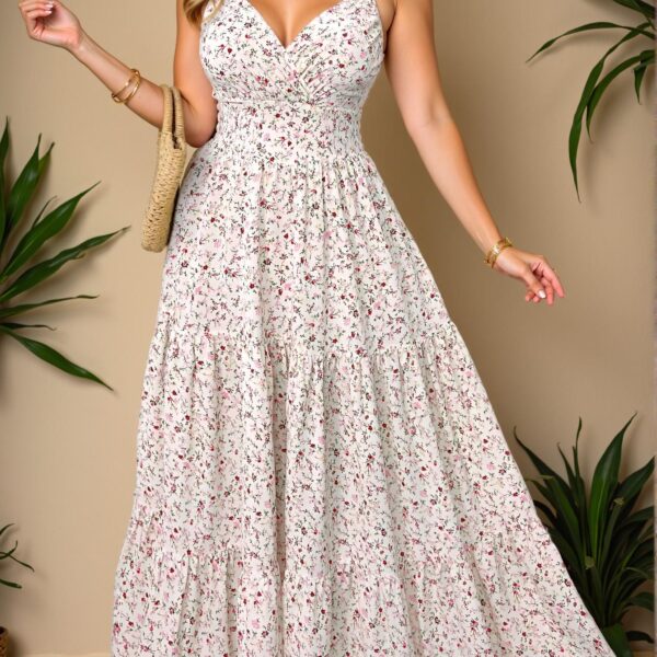 Elegant White Flattering Ditsy Floral Plus Size Cami Dress with V-Neck and Strappy Sleeves Perfect for Spring and Summer Getaways - Chic, Classy and Trendy Fashion Style to Dress to Impress