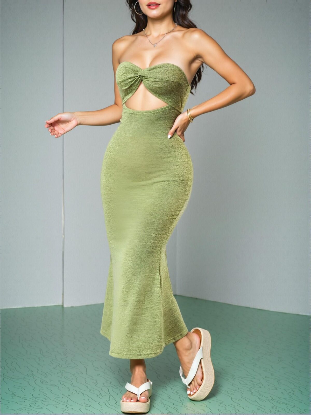 Elegant Lime Green Twisted Front, Hollow Out Design Tube Dress Featuring a Mermaid Hemline for Spring and Summer Wear - Chic, Classy and Trendy Fashion Style to Dress to Impress - Image 3