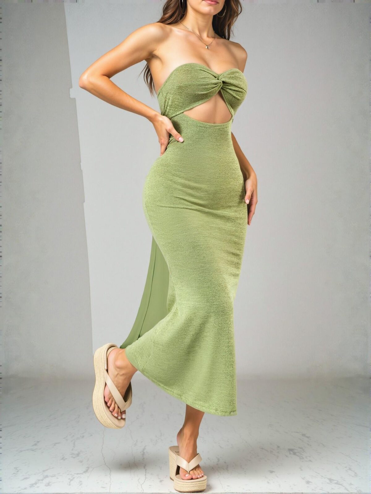 Elegant Lime Green Twisted Front, Hollow Out Design Tube Dress Featuring a Mermaid Hemline for Spring and Summer Wear - Chic, Classy and Trendy Fashion Style to Dress to Impress - Image 4