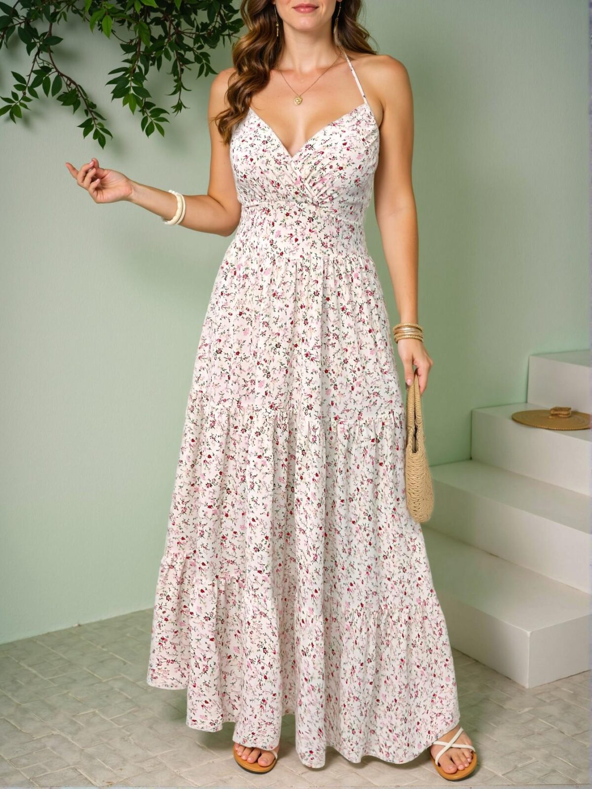 Elegant White Flattering Ditsy Floral Plus Size Cami Dress with V-Neck and Strappy Sleeves Perfect for Spring and Summer Getaways - Chic, Classy and Trendy Fashion Style to Dress to Impress - Image 3