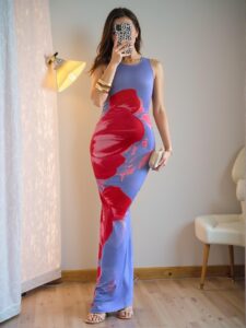 Elegant Blue Slim Fit Long Maxi Dress with Unique Tie-Dye Design for Spring and Summer - Chic, Classy and Trendy Fashion Style to Dress to Impress