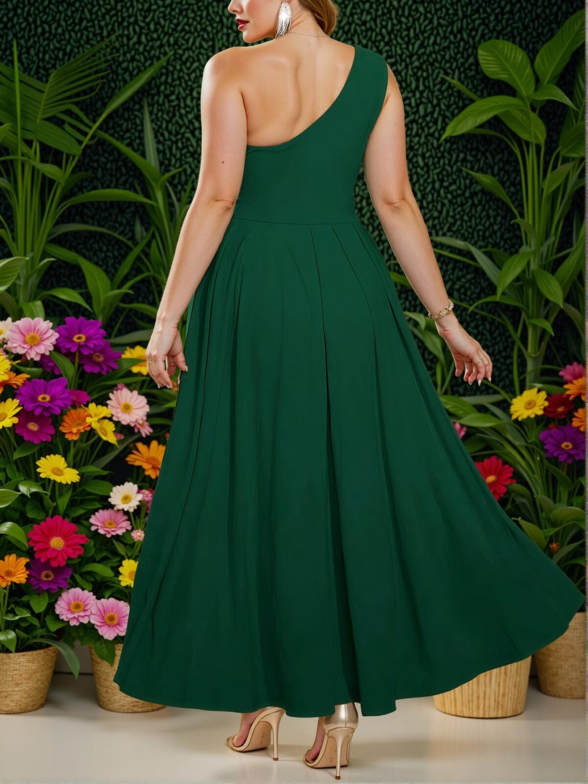 Elegant Dark Green Stylish Plus Size One-Shoulder High-Low Maxi Dress for Spring and Summer - Chic, Classy and Trendy Fashion Style to Dress to Impress - Image 2