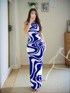 Elegant Blue Tie-Dye Print Fitted Maxi Dress for Spring and Summer Chic, Classy and Trendy Fashion Style to Dress to Impress