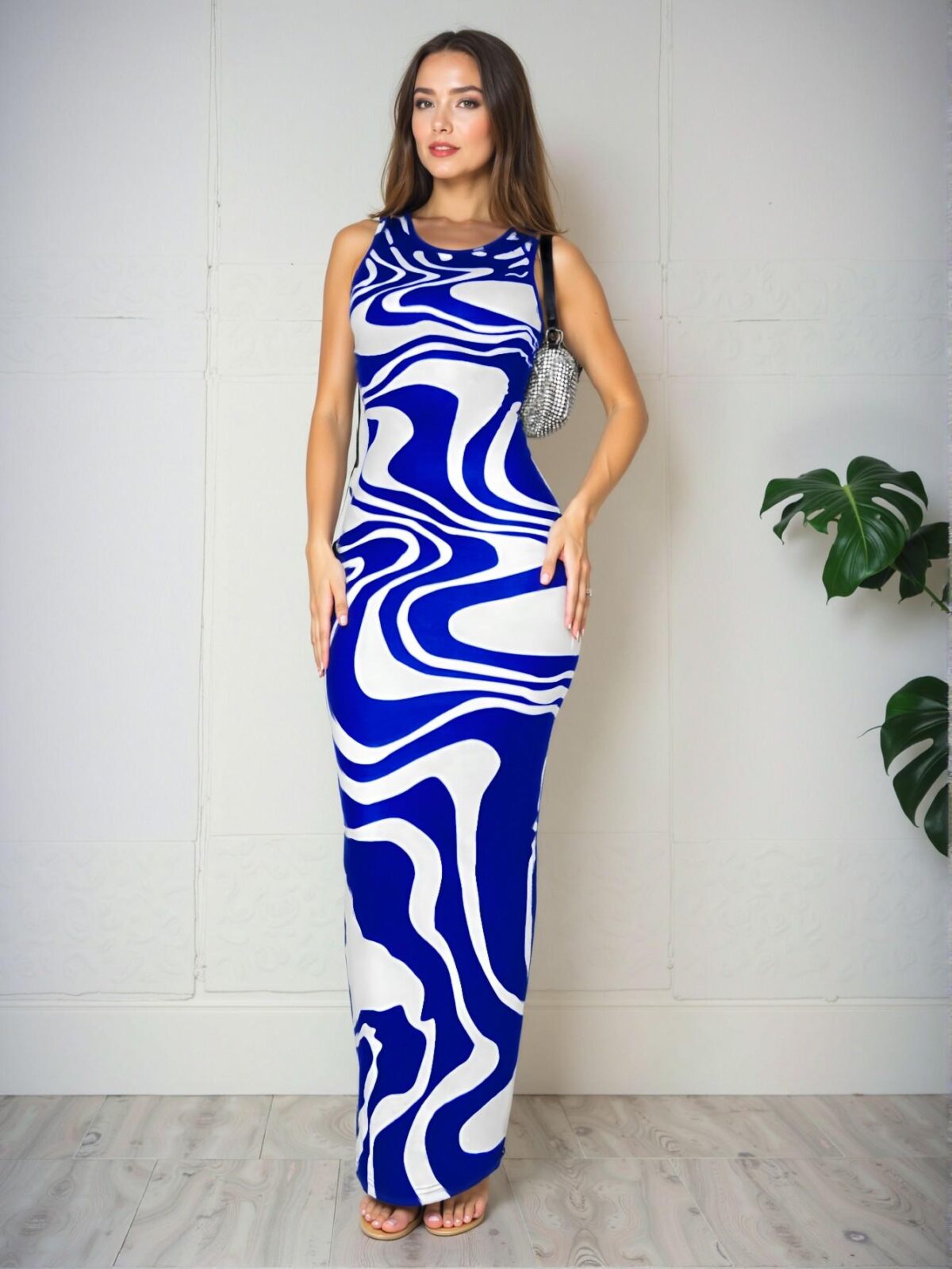 Elegant Blue Tie-Dye Print Fitted Maxi Dress for Spring and Summer Chic, Classy and Trendy Fashion Style to Dress to Impress - Image 3