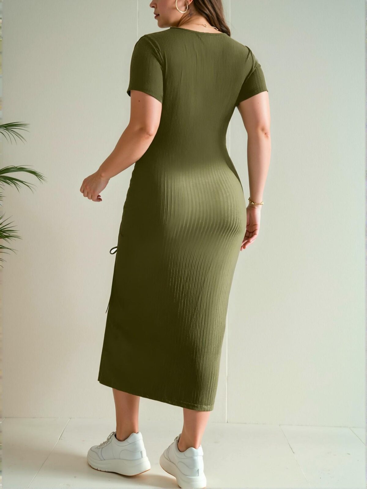 Elegant Army Green Bodycon Midi Dress with Drawstring and Slit Detailing for a Comfortable and Stylish Look this Spring and Summer - Chic, Classy, and Trendy Fashion Style to Dress to Impress - Image 2