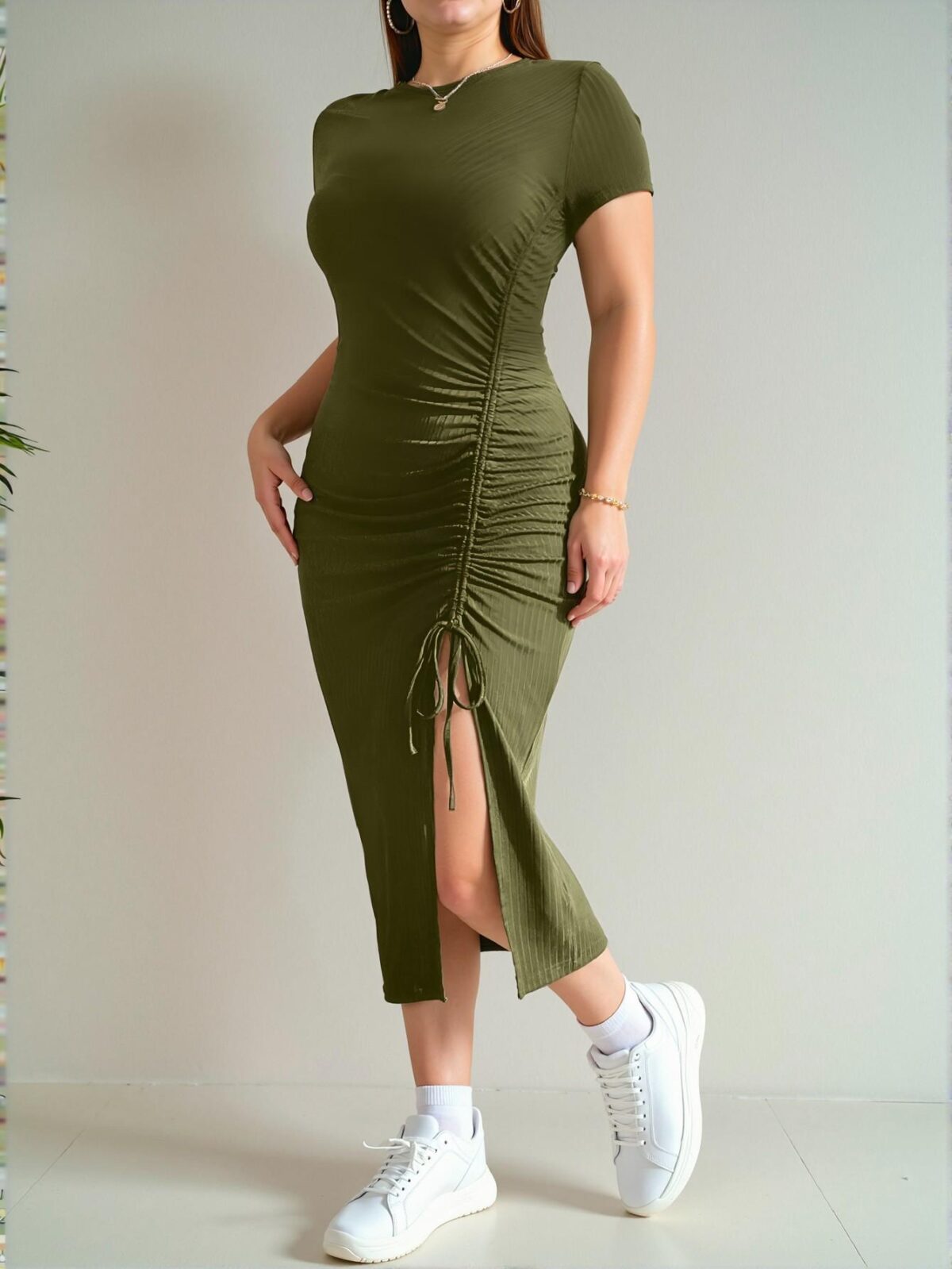 Elegant Army Green Bodycon Midi Dress with Drawstring and Slit Detailing for a Comfortable and Stylish Look this Spring and Summer - Chic, Classy, and Trendy Fashion Style to Dress to Impress - Image 3