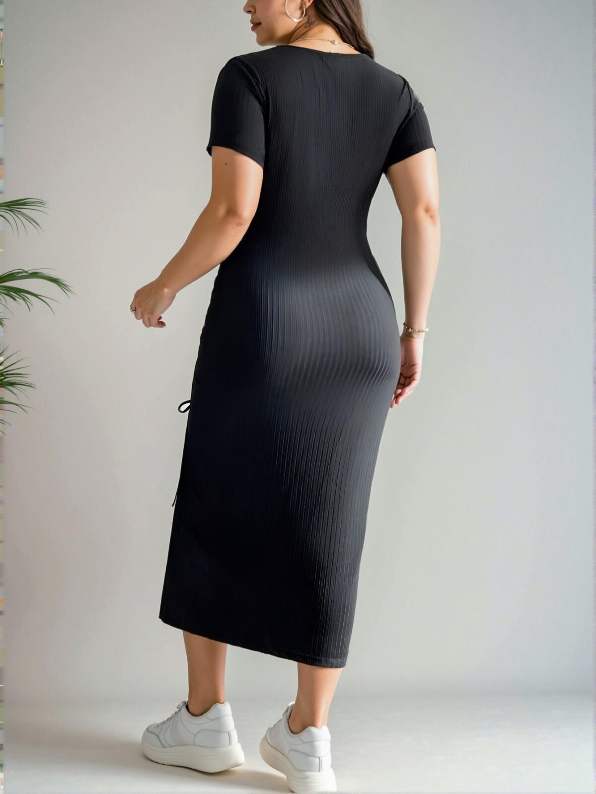 Elegant Black Stylish Plus Size Summer Bodycon Dress with Drawstring and Slit Detail - Chic, Classy and Trendy Fashion Style to Dress to Impress - Image 2