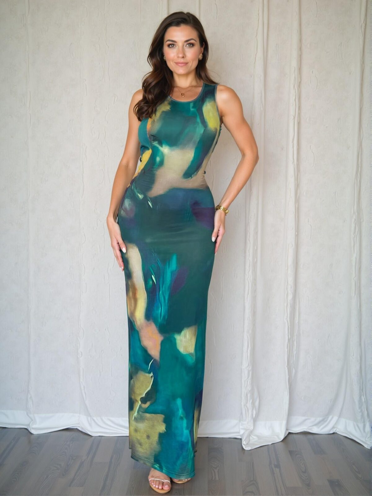 Elegant Green Striped Tie-Dye Printed Slim Fit Maxi Dress for Spring and Summer Adventures - Chic, Classy and Trendy Fashion Style to Dress to Impress - Image 5