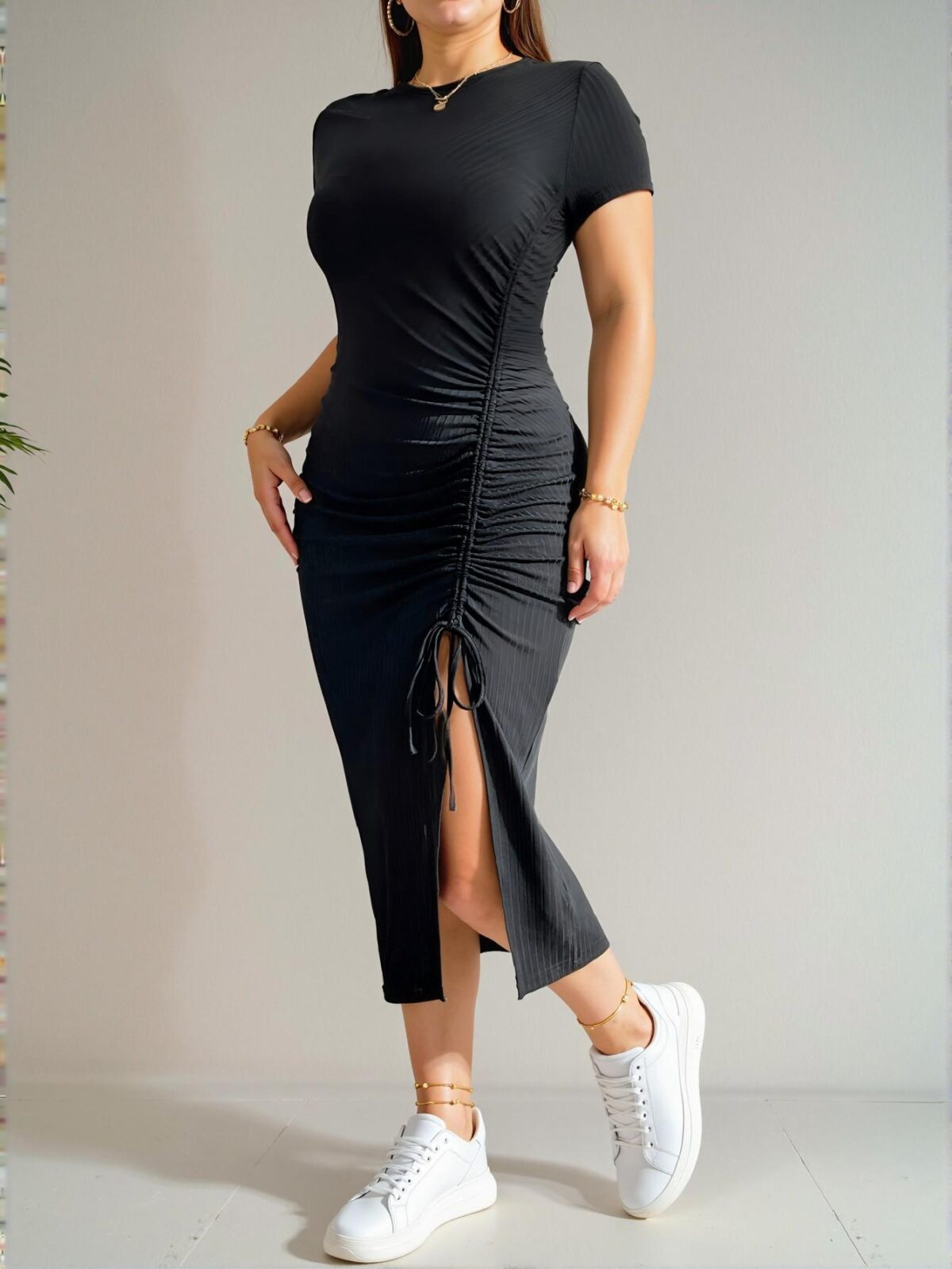 Elegant Black Stylish Plus Size Summer Bodycon Dress with Drawstring and Slit Detail - Chic, Classy and Trendy Fashion Style to Dress to Impress - Image 3
