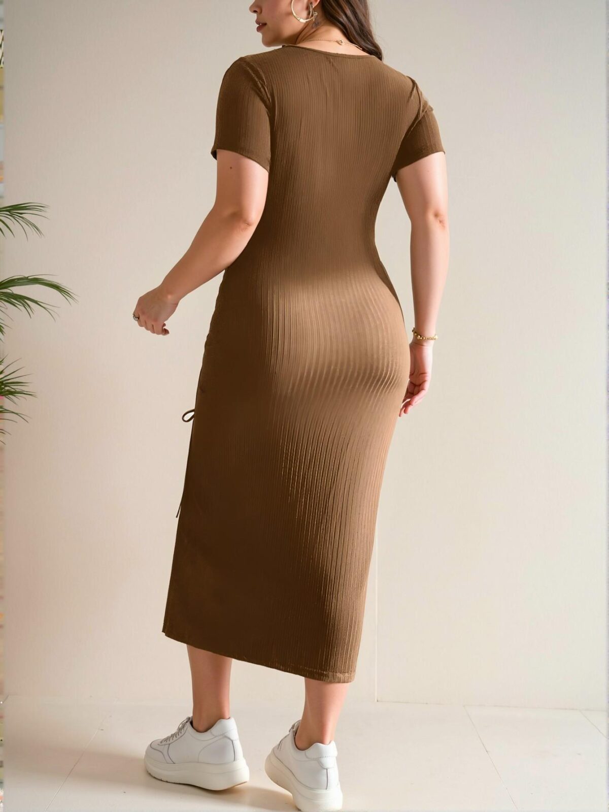 Elegant Brown Casual Slim Fit Midi Dress with Slit and Drawstring for Summer Styling, Perfect for Homecoming and Back to School Outfits - Chic, Classy and Trendy Fashion Style to Dress to Impress - Image 2
