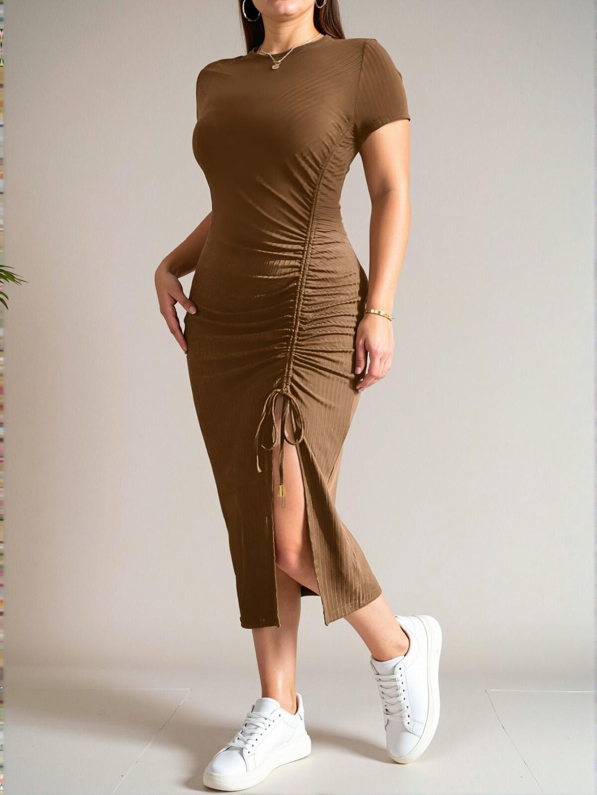 Elegant Brown Casual Slim Fit Midi Dress with Slit and Drawstring for Summer Styling, Perfect for Homecoming and Back to School Outfits - Chic, Classy and Trendy Fashion Style to Dress to Impress - Image 3