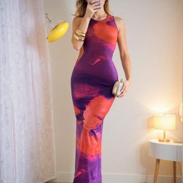 Elegant Purple Slim Fit Maxi Dress with Tie-Dye Print for Summer and Spring Events - Chic, Classy, and Trendy Fashion Style to Dress to Impress