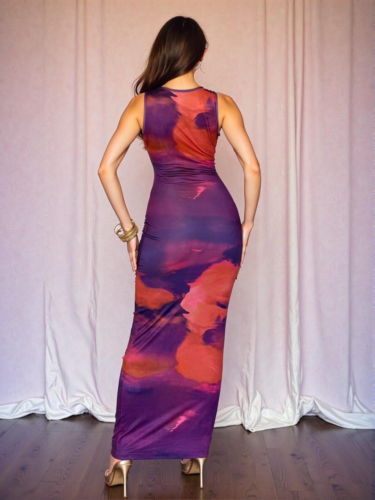 Elegant Purple Slim Fit Maxi Dress with Tie-Dye Print for Summer and Spring Events - Chic, Classy, and Trendy Fashion Style to Dress to Impress - Image 2