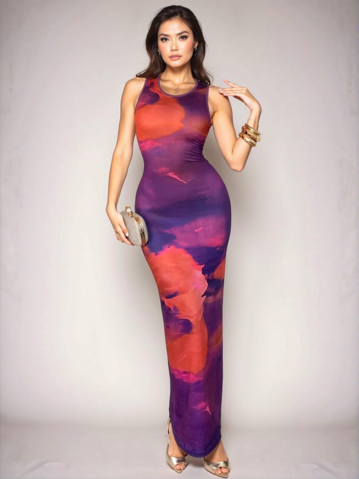 Elegant Purple Slim Fit Maxi Dress with Tie-Dye Print for Summer and Spring Events - Chic, Classy, and Trendy Fashion Style to Dress to Impress - Image 4
