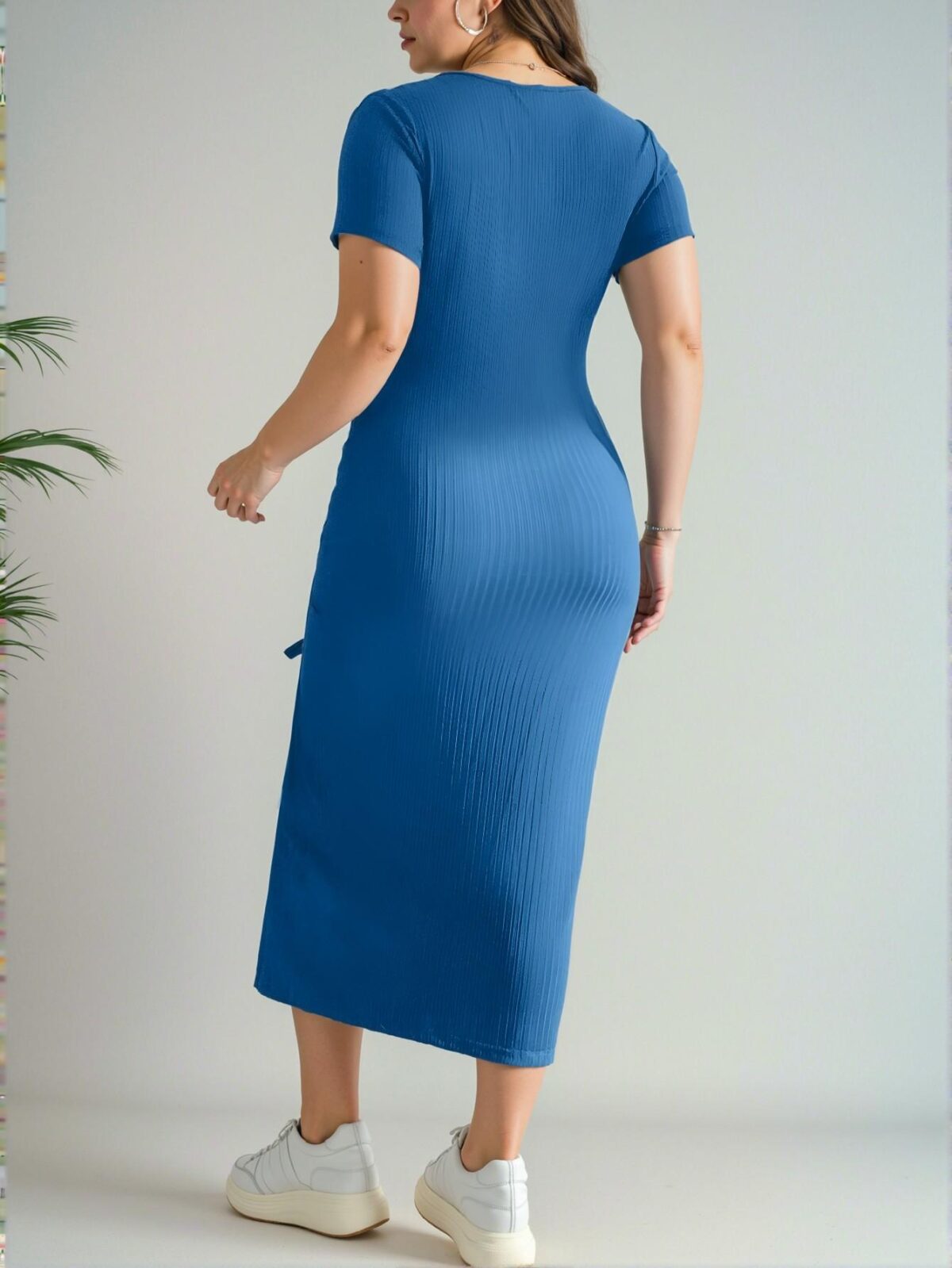 Elegant Royal Blue Casual Slim Fit Midi Dress with Drawstring and Slit for Effortless Summer Style - Chic, Classy and Trendy Fashion Style to Dress to Impress - Image 2