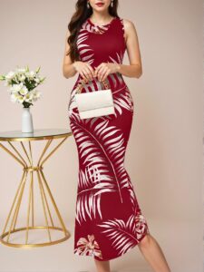 Elegant Burgundy Tropical Print Mermaid Bodycon Dress for Spring and Summer - Chic, Classy and Trendy Fashion Style to Dress to Impress