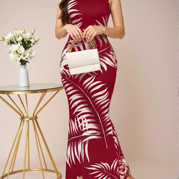 Elegant Burgundy Tropical Print Mermaid Bodycon Dress for Spring and Summer - Chic, Classy and Trendy Fashion Style to Dress to Impress