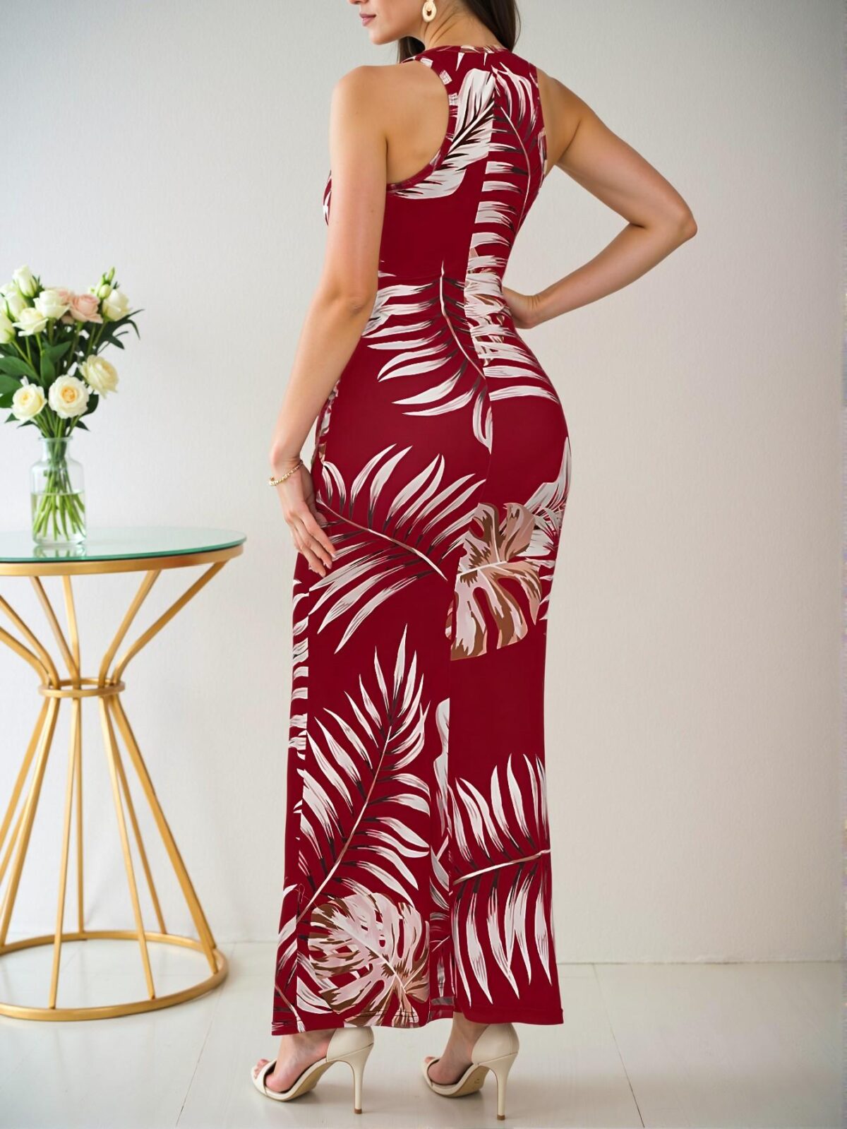 Elegant Burgundy Tropical Print Mermaid Bodycon Dress for Spring and Summer - Chic, Classy and Trendy Fashion Style to Dress to Impress - Image 2