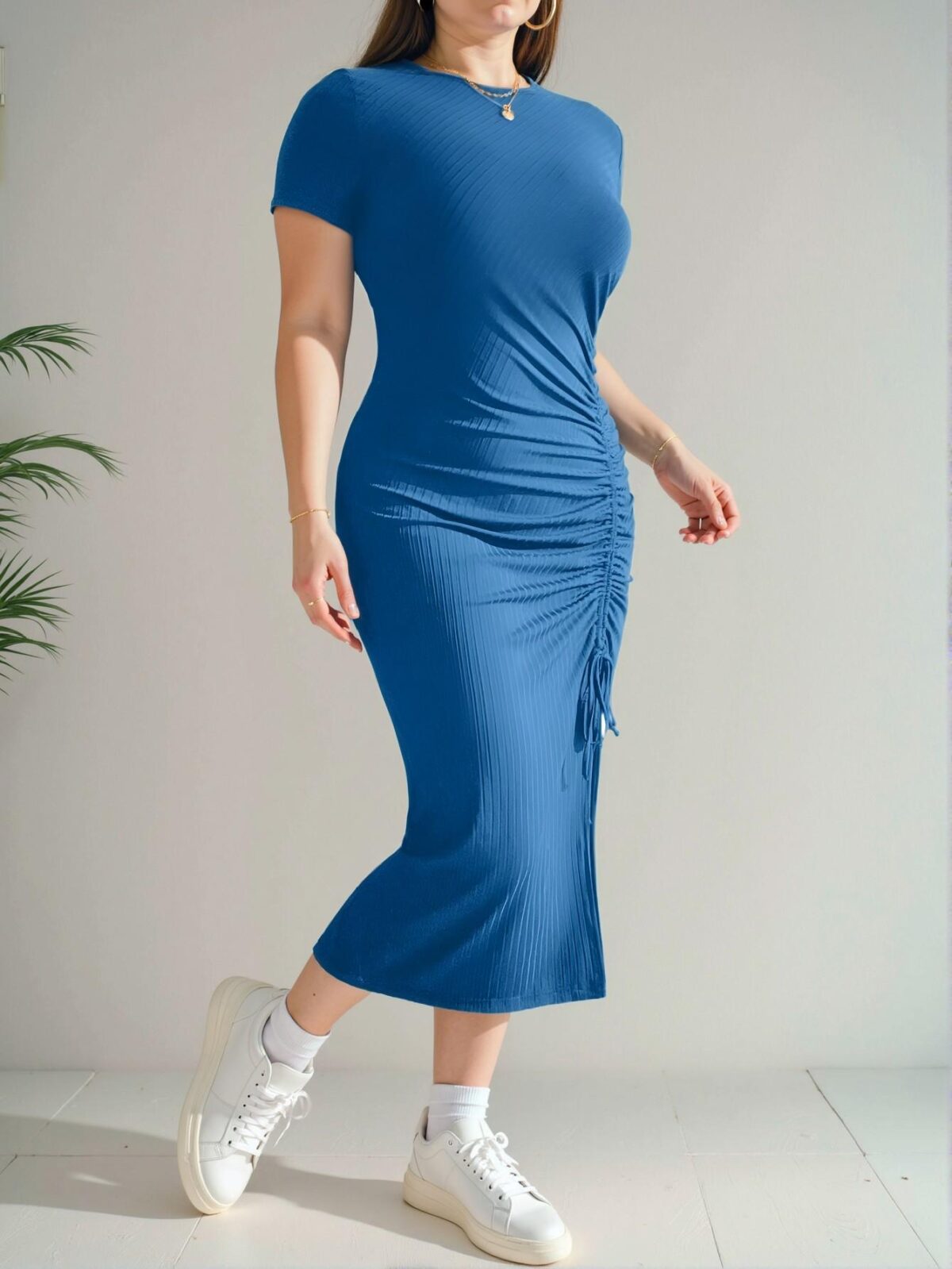 Elegant Royal Blue Casual Slim Fit Midi Dress with Drawstring and Slit for Effortless Summer Style - Chic, Classy and Trendy Fashion Style to Dress to Impress - Image 5