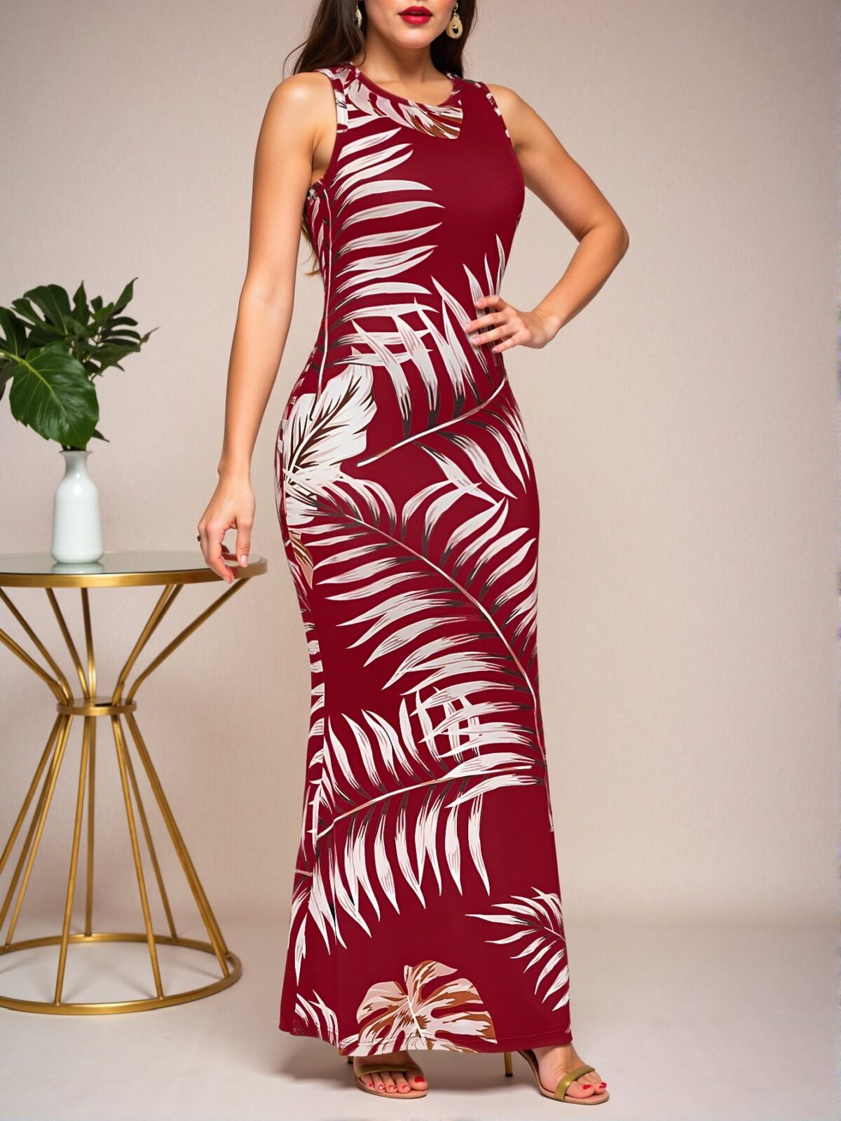 Elegant Burgundy Tropical Print Mermaid Bodycon Dress for Spring and Summer - Chic, Classy and Trendy Fashion Style to Dress to Impress - Image 4