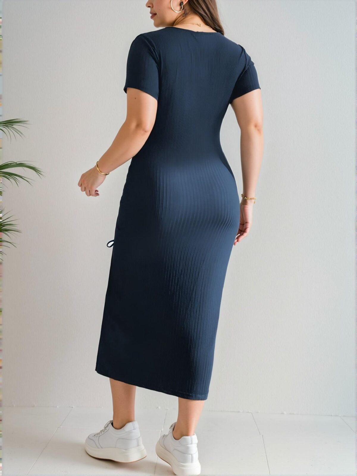 Elegant Navy Blue Stylish Plus Size Midi Dress with Slit and Drawstring for Casual Summer Wear - Chic, Classy and Trendy Fashion Style to Dress to Impress - Image 2