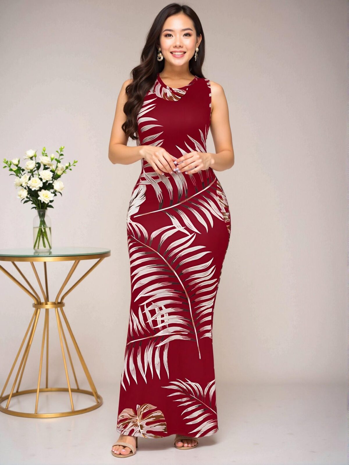 Elegant Burgundy Tropical Print Mermaid Bodycon Dress for Spring and Summer - Chic, Classy and Trendy Fashion Style to Dress to Impress - Image 5