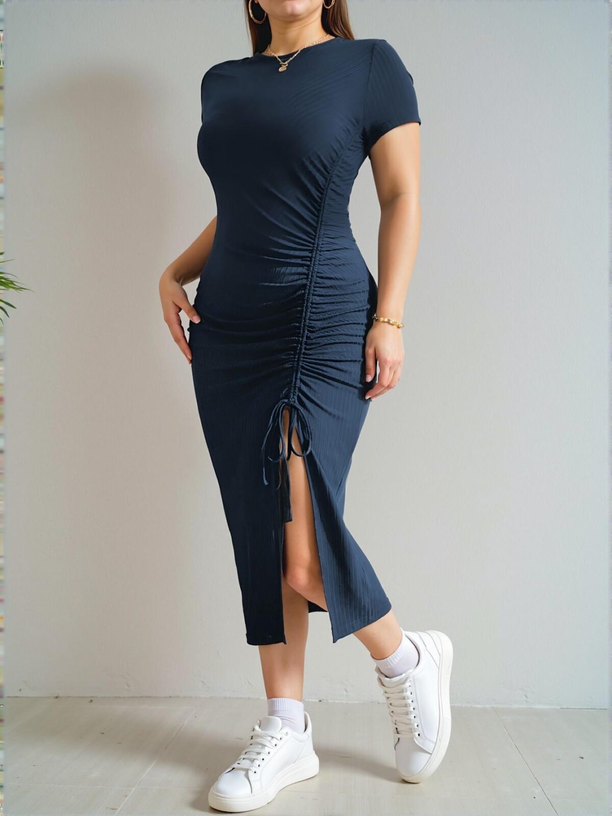 Elegant Navy Blue Stylish Plus Size Midi Dress with Slit and Drawstring for Casual Summer Wear - Chic, Classy and Trendy Fashion Style to Dress to Impress - Image 3