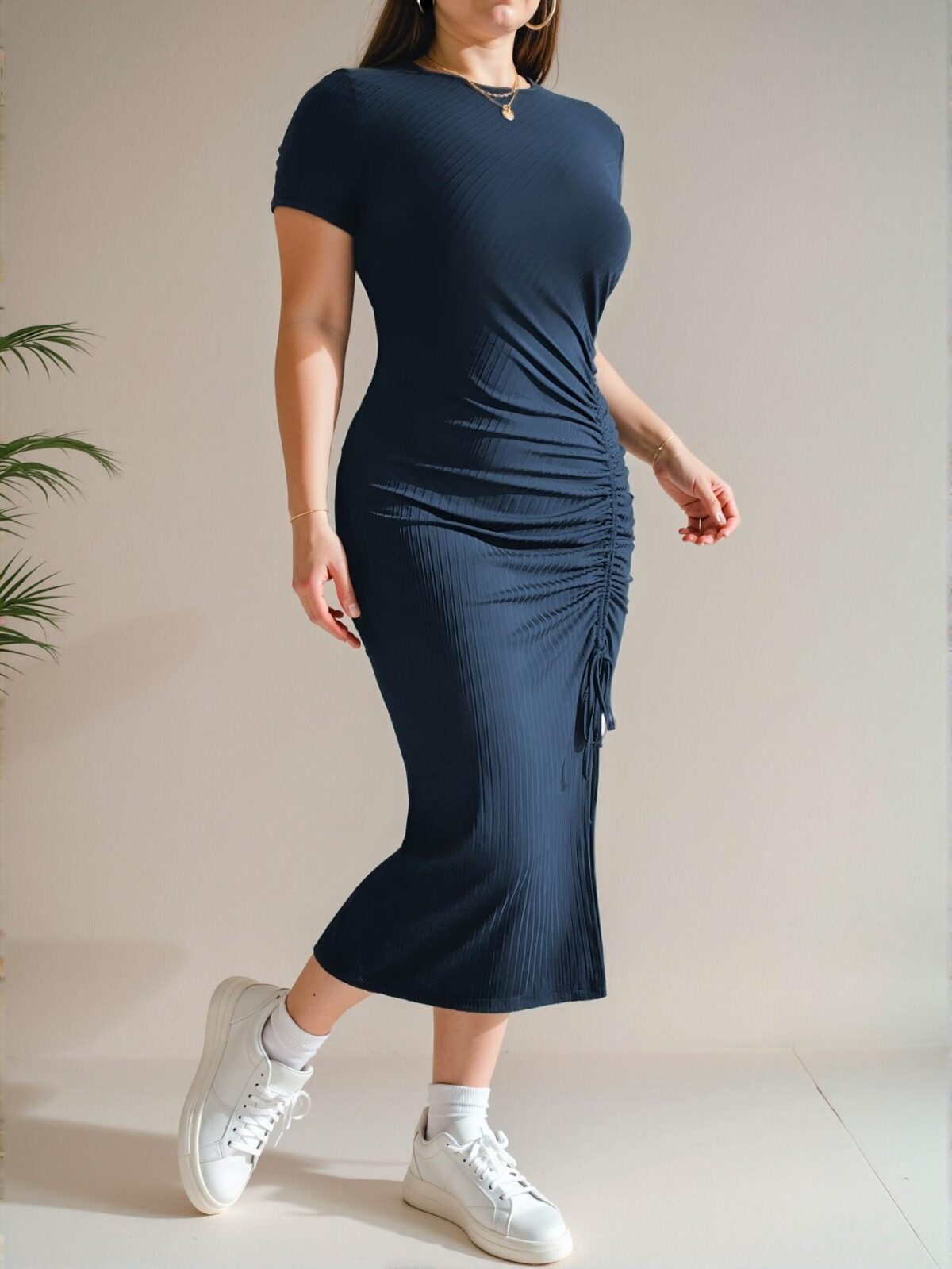 Elegant Navy Blue Stylish Plus Size Midi Dress with Slit and Drawstring for Casual Summer Wear - Chic, Classy and Trendy Fashion Style to Dress to Impress - Image 5