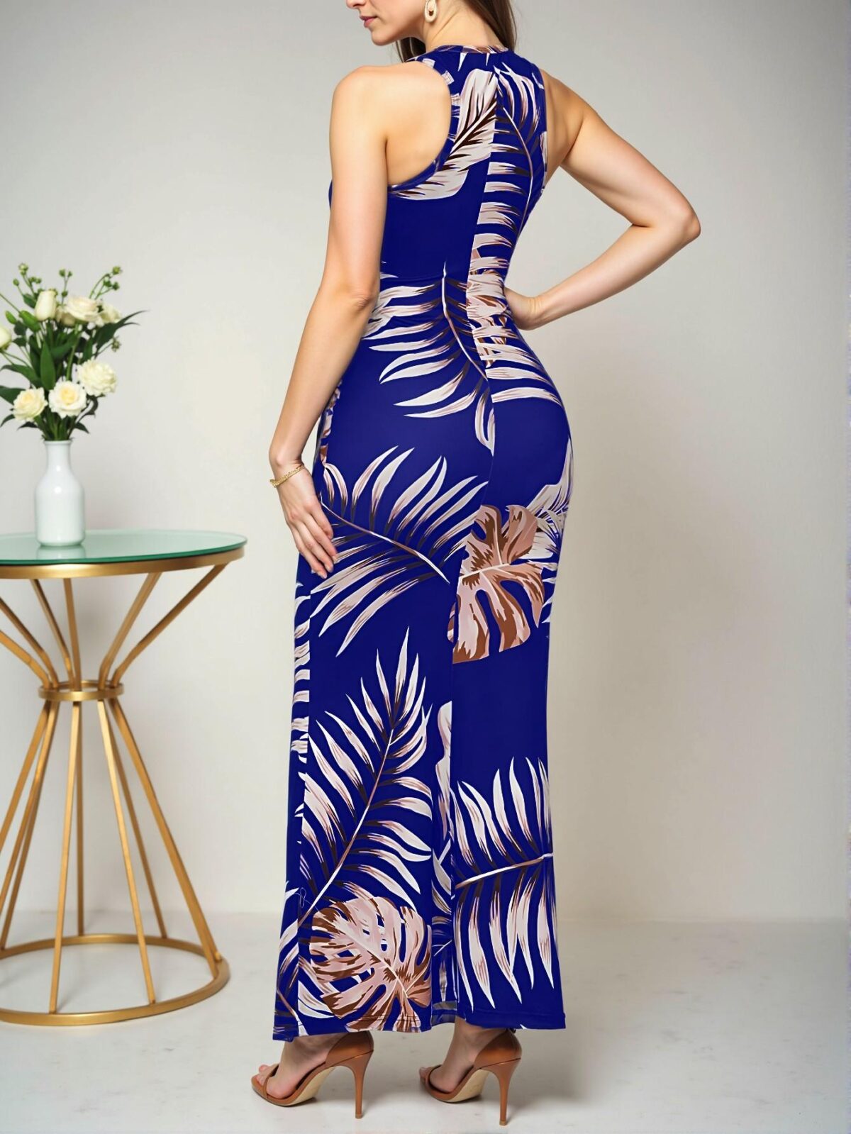 Elegant Royal Blue Tropical Print Mermaid Vacation Dress for Spring and Summer - Chic, Classy and Trendy Fashion Style to Dress to Impress - Image 2