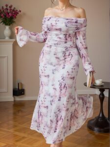 Elegant Multicolor Off Shoulder Ruched Mermaid Dress with Flare Sleeves for Romantic Spring and Summer Vibes - Chic, Classy and Trendy Fashion Style to Dress to Impress