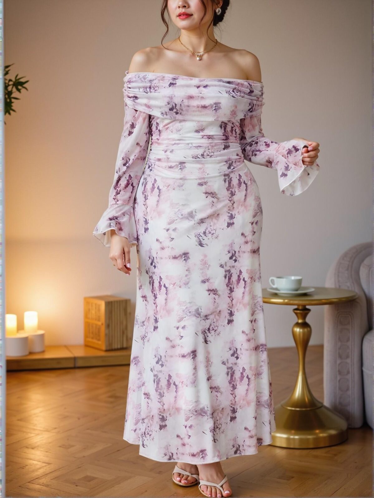 Elegant Multicolor Off Shoulder Ruched Mermaid Dress with Flare Sleeves for Romantic Spring and Summer Vibes - Chic, Classy and Trendy Fashion Style to Dress to Impress - Image 3