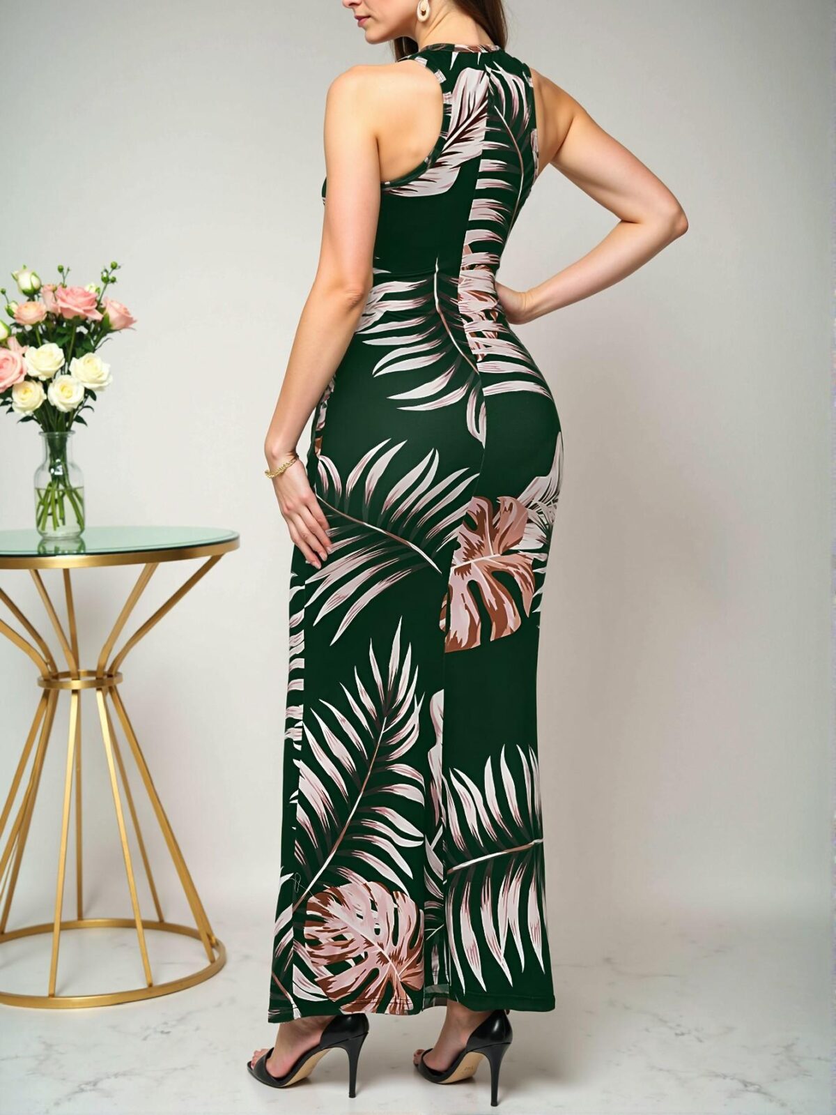 Elegant Dark Green Tropical Botanical Print Mermaid Maxi Dress for Spring and Summer - Chic, Classy and Trendy Fashion Style to Dress to Impress - Image 2