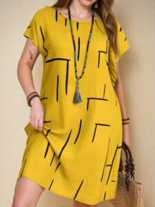 Elegant Yellow Relaxed Fit Batwing Sleeve Midi Dress with All Over Print for Spring and Summer - Chic, Classy and Trendy Fashion Style to Dress to Impress